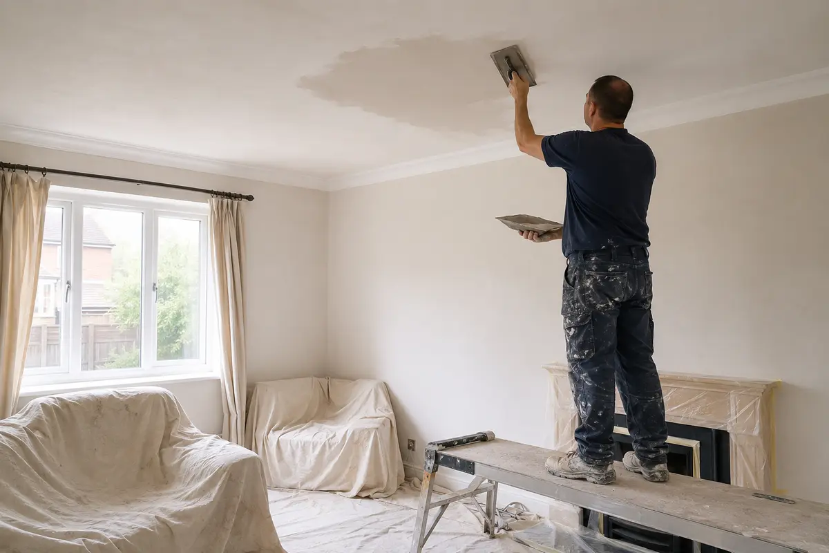 A protected living room while a damaged ceiling area is being finished with plaster
